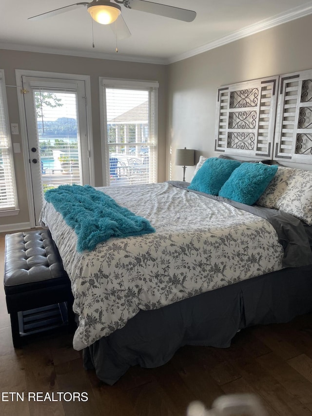 bedroom featuring access to exterior, ceiling fan, hardwood / wood-style floors, and ornamental molding