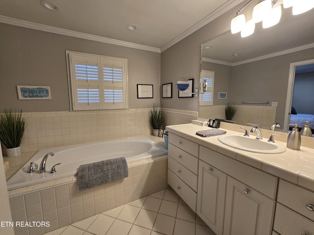 bathroom with crown molding, tile patterned flooring, vanity, and a healthy amount of sunlight