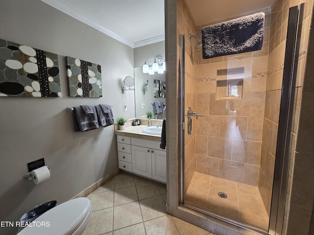 bathroom featuring tile patterned flooring, a shower with door, vanity, and ornamental molding