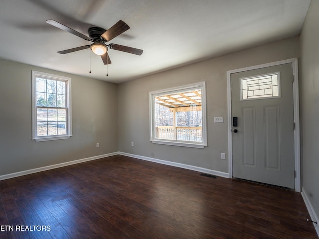 foyer entrance featuring dark hardwood / wood-style floors, a wealth of natural light, and ceiling fan