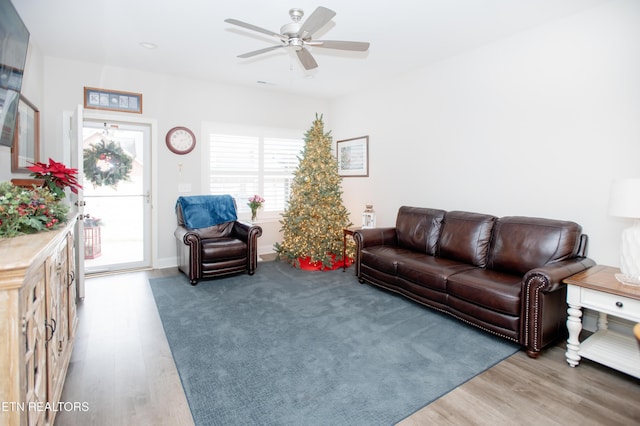 living room with ceiling fan and light hardwood / wood-style floors