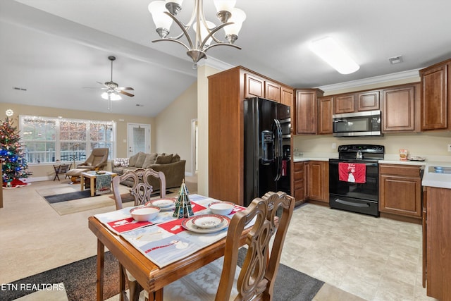 carpeted dining space with ceiling fan with notable chandelier, ornamental molding, and vaulted ceiling