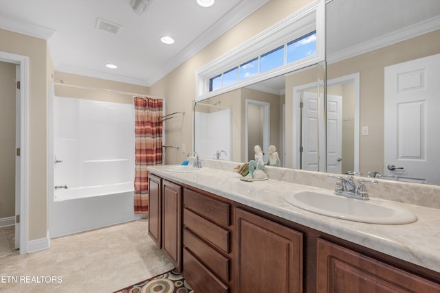 bathroom featuring shower / bathtub combination with curtain, vanity, ornamental molding, and tile patterned floors