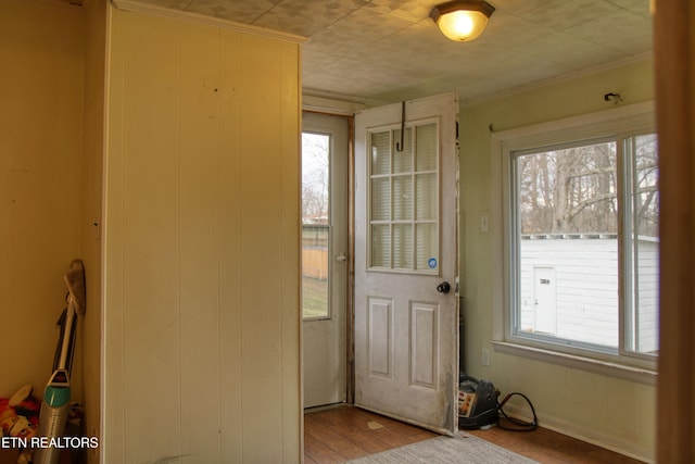 entryway featuring hardwood / wood-style floors and crown molding