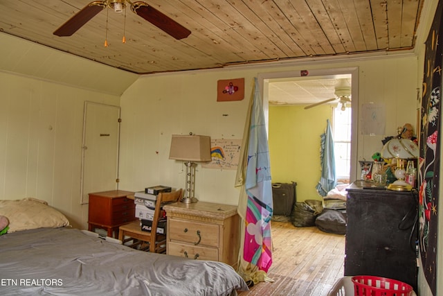 bedroom featuring hardwood / wood-style floors, ceiling fan, wooden ceiling, and wood walls