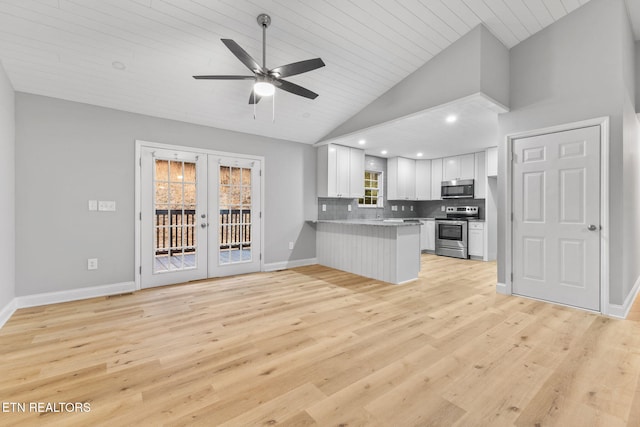 kitchen featuring french doors, white cabinets, decorative backsplash, kitchen peninsula, and stainless steel appliances