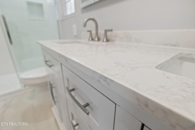 bathroom with vanity, toilet, and a shower with door