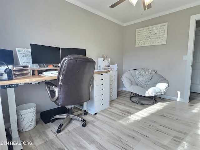 office area featuring light hardwood / wood-style floors and ornamental molding