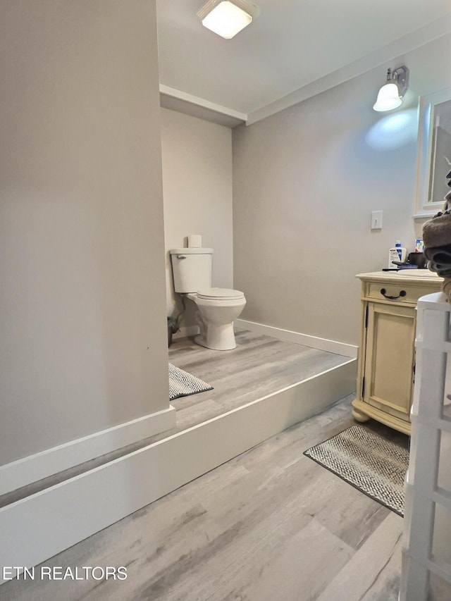 bathroom featuring hardwood / wood-style flooring, vanity, and toilet