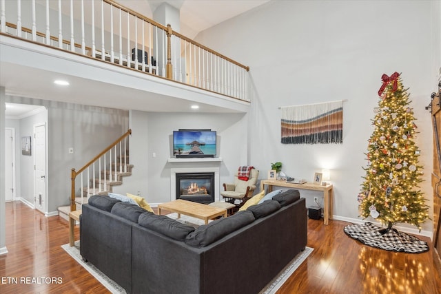 living room with a high ceiling and hardwood / wood-style flooring