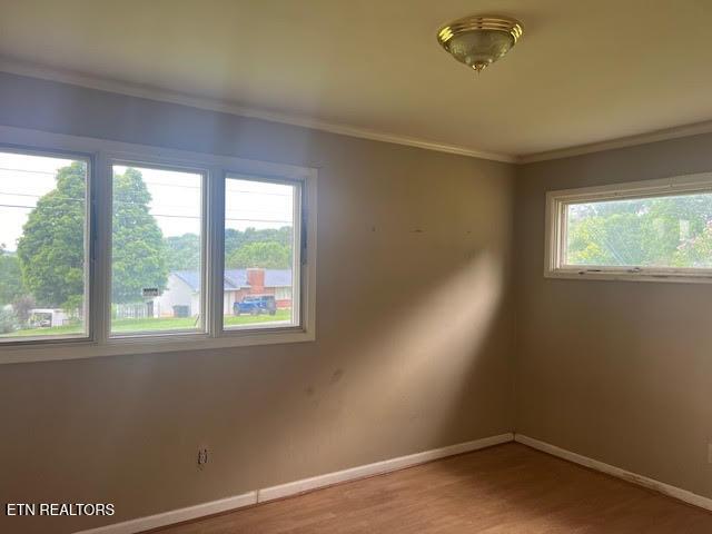 unfurnished room featuring hardwood / wood-style floors and crown molding