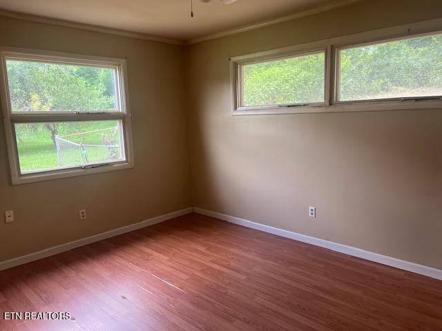 unfurnished room featuring hardwood / wood-style flooring, crown molding, and a healthy amount of sunlight