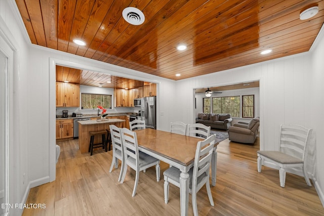 dining space featuring ceiling fan, wooden ceiling, and light wood-type flooring