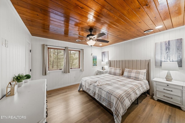 bedroom featuring ceiling fan, wood-type flooring, and wooden ceiling