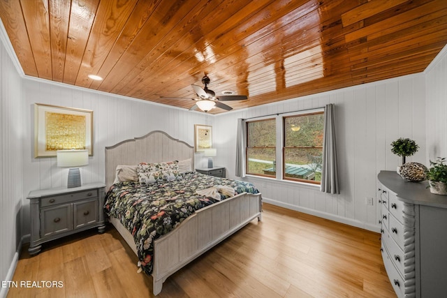 bedroom with ceiling fan, wood ceiling, ornamental molding, and light hardwood / wood-style flooring