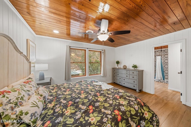 bedroom with ceiling fan, light hardwood / wood-style flooring, and wood ceiling