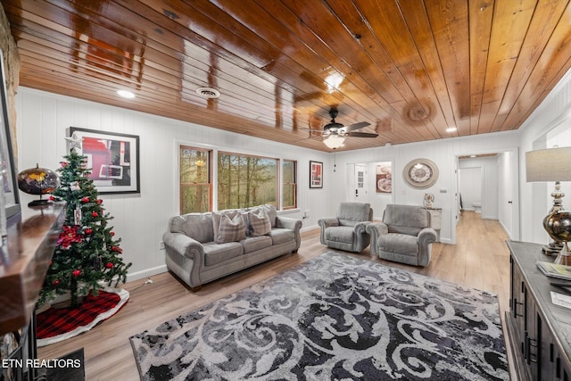 living room with ceiling fan, light hardwood / wood-style flooring, wood ceiling, and wooden walls