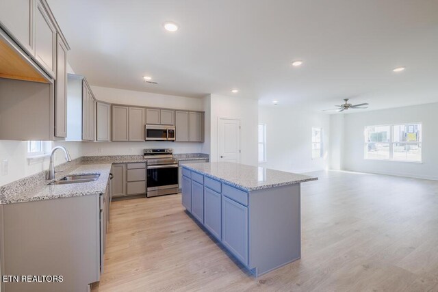 kitchen with sink, a center island, light hardwood / wood-style flooring, and appliances with stainless steel finishes