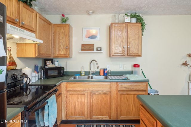 kitchen with sink, black appliances, and a textured ceiling