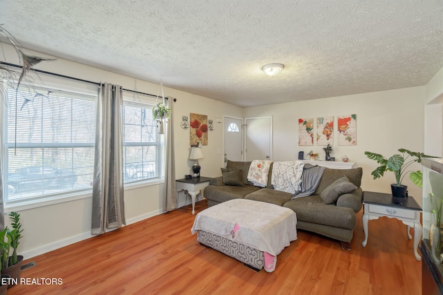 living room with light wood-type flooring and a textured ceiling