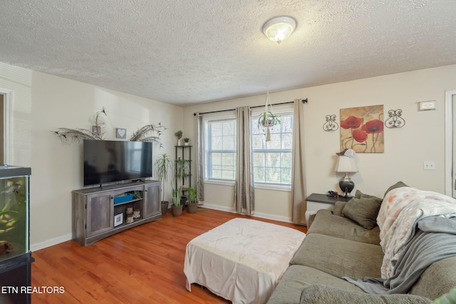 living room featuring a textured ceiling and hardwood / wood-style flooring