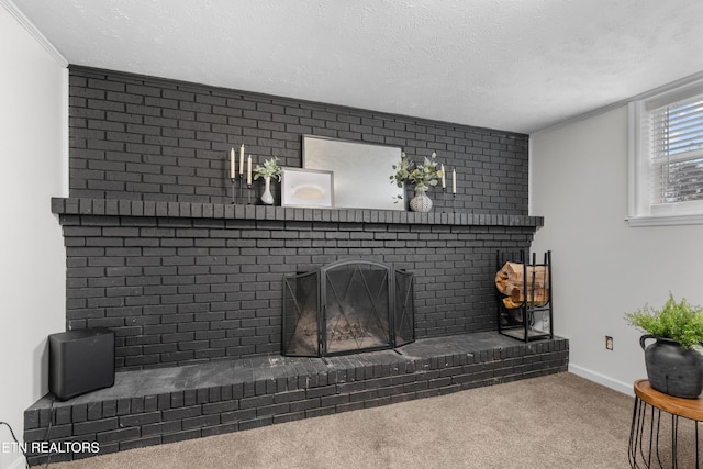 carpeted living room featuring a textured ceiling and a brick fireplace