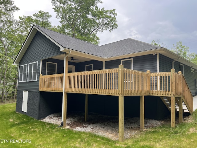 150 Hunterwood Ln, Fairfield Glade, TN 38558 - back of house featuring a deck, a shingled roof, stairway, and a ceiling fan