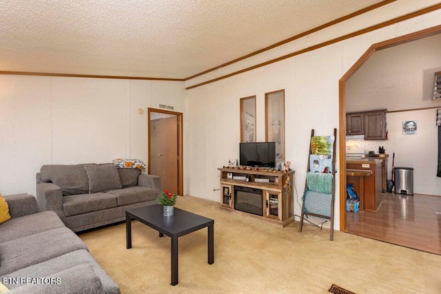 living room with light carpet, crown molding, and a textured ceiling