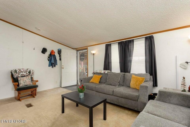 carpeted living room featuring a textured ceiling and crown molding