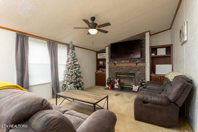 living room with lofted ceiling, ceiling fan, a textured ceiling, a fireplace, and carpet floors