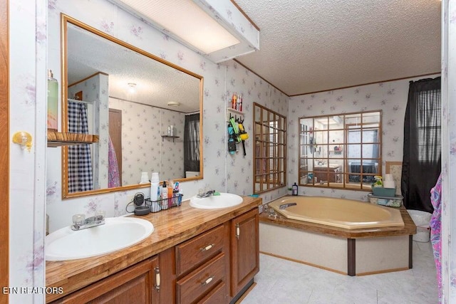 bathroom featuring vanity, a bath, and a textured ceiling