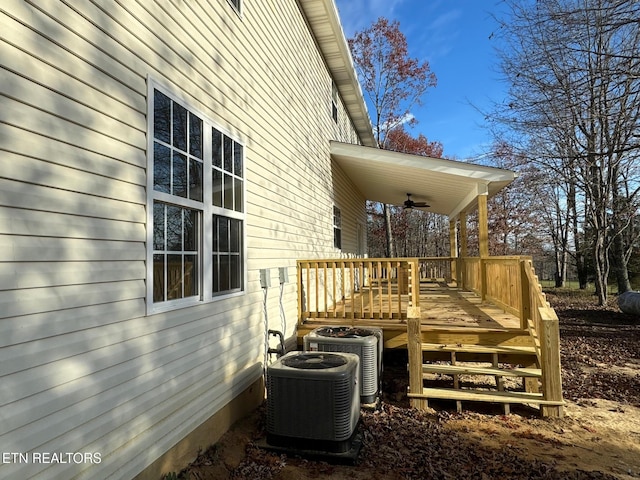 view of property exterior with a deck, ceiling fan, and central air condition unit