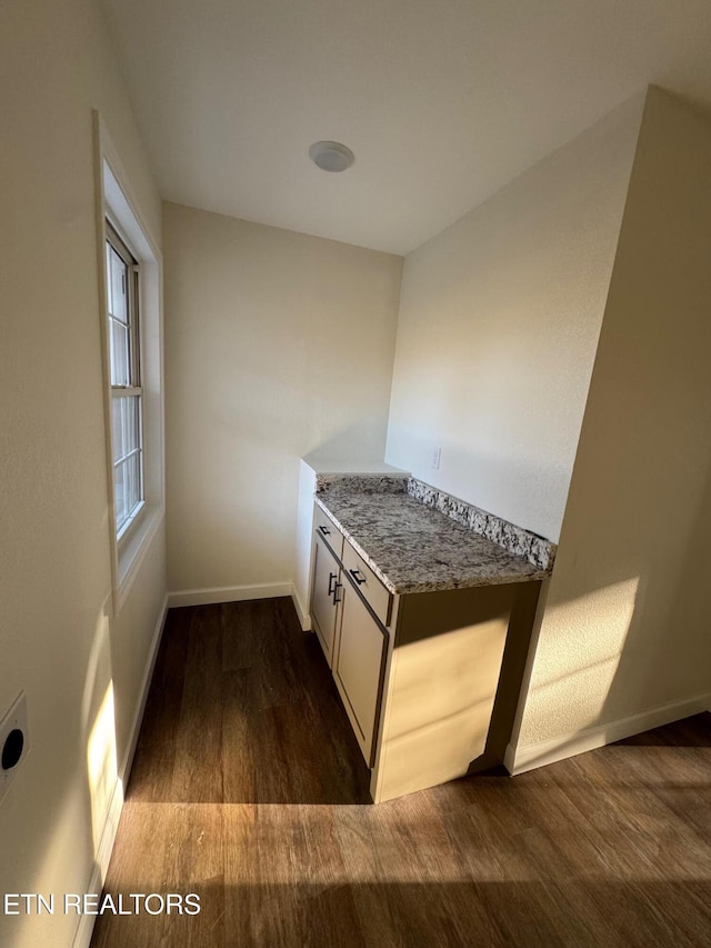 kitchen with dark hardwood / wood-style floors and light stone counters