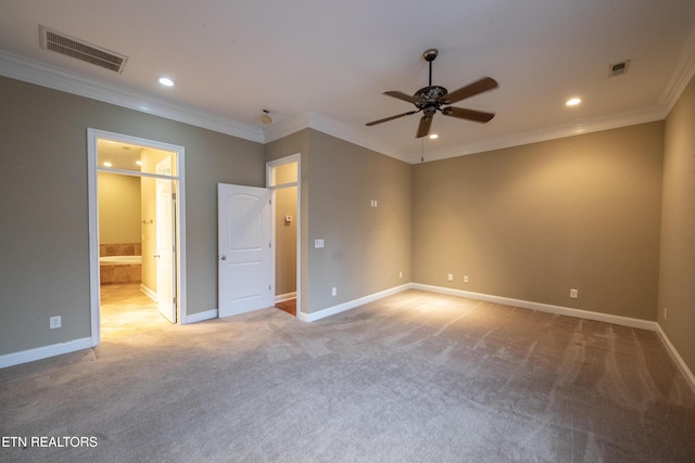 unfurnished bedroom with light carpet, ensuite bath, ceiling fan, and crown molding