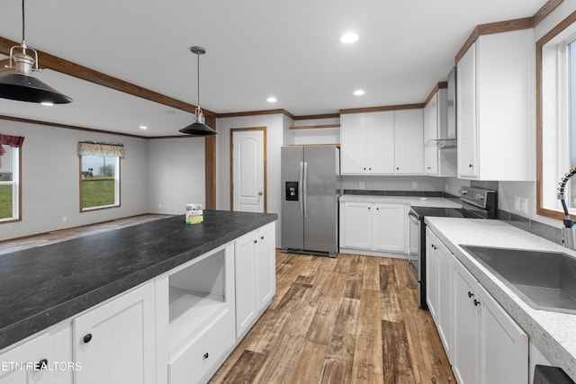 kitchen with white cabinetry, stainless steel fridge with ice dispenser, black electric range oven, light hardwood / wood-style floors, and decorative light fixtures