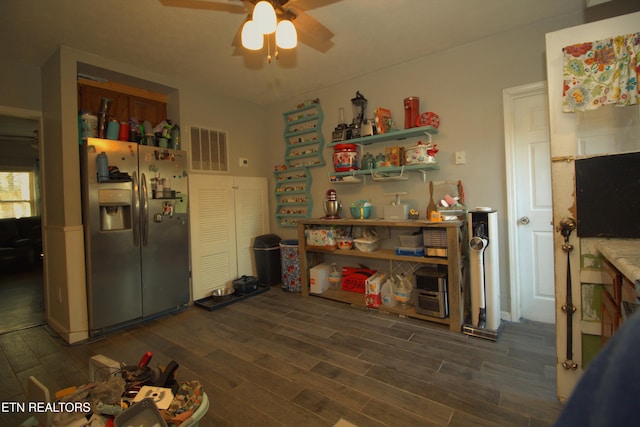 kitchen with ceiling fan, dark hardwood / wood-style flooring, and stainless steel fridge with ice dispenser