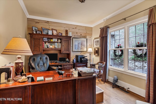 office featuring crown molding, light hardwood / wood-style floors, and a healthy amount of sunlight