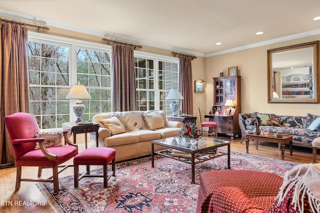 living room featuring crown molding and light hardwood / wood-style floors