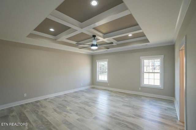 unfurnished room featuring coffered ceiling, ceiling fan, ornamental molding, beamed ceiling, and light hardwood / wood-style floors