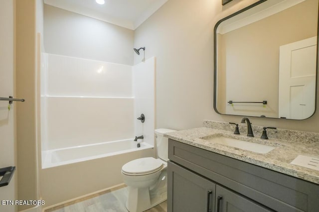 full bathroom with vanity, toilet, shower / tub combination, and ornamental molding