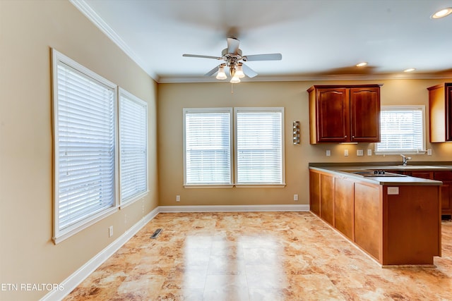 kitchen with kitchen peninsula, ornamental molding, ceiling fan, sink, and electric cooktop