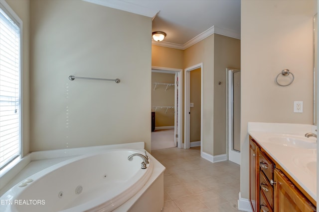 bathroom featuring tile patterned floors, crown molding, plenty of natural light, and plus walk in shower