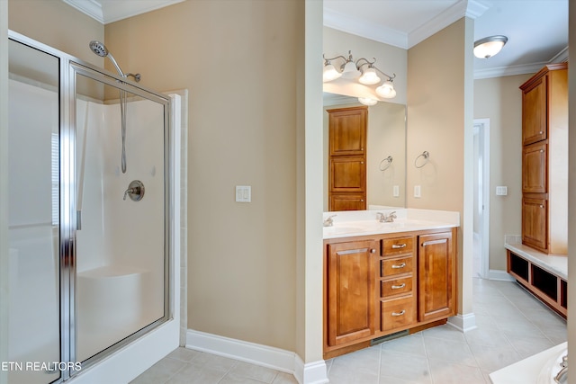 bathroom with tile patterned floors, ornamental molding, and a shower with door