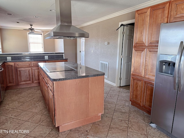 kitchen with crown molding, stainless steel fridge with ice dispenser, black electric cooktop, a kitchen island, and island exhaust hood