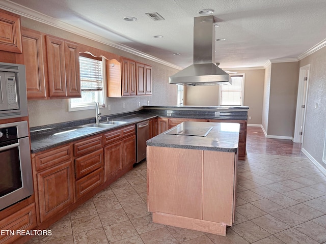 kitchen featuring crown molding, island range hood, stainless steel appliances, and a kitchen island