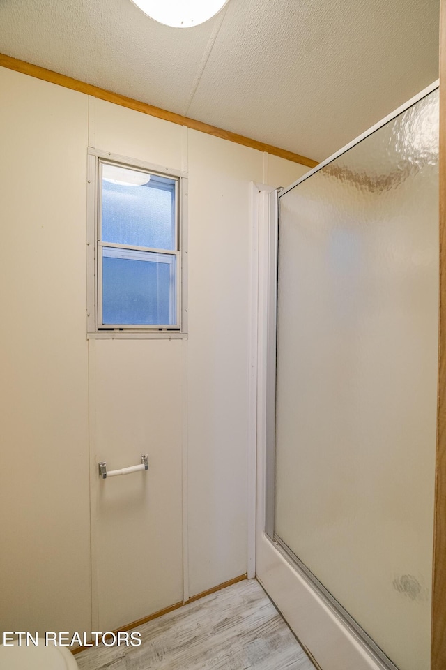 bathroom featuring hardwood / wood-style flooring and a shower with door