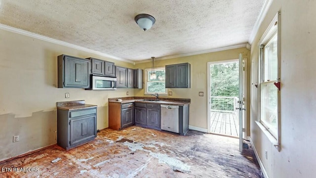 kitchen with gray cabinetry, sink, crown molding, and appliances with stainless steel finishes