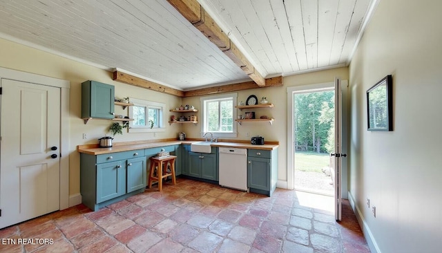 kitchen featuring sink, butcher block countertops, wood ceiling, dishwasher, and beam ceiling