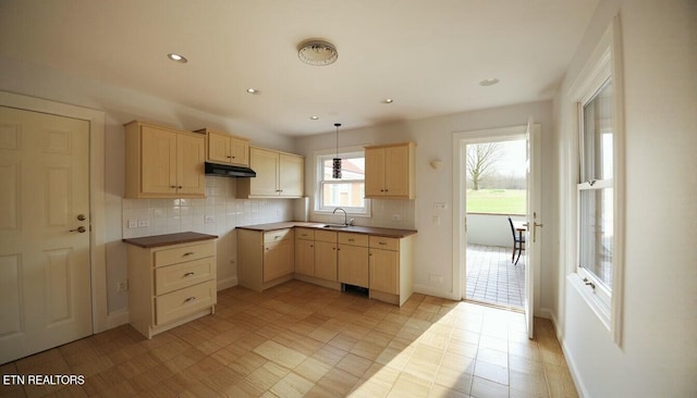 kitchen featuring tasteful backsplash, sink, hanging light fixtures, and light brown cabinets