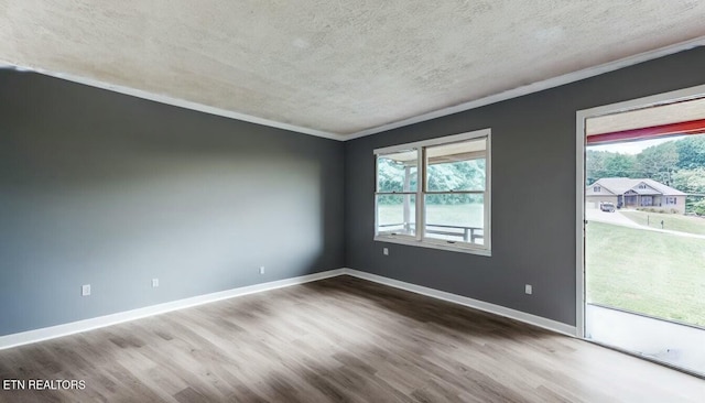 empty room with crown molding, wood-type flooring, and a textured ceiling